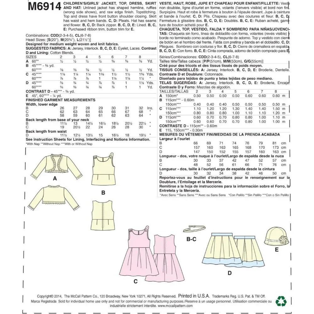 McCalls Sewing Pattern A6941 Childrens Jacket Dress‎ Skirt Hat Sizes 6-8 Easy